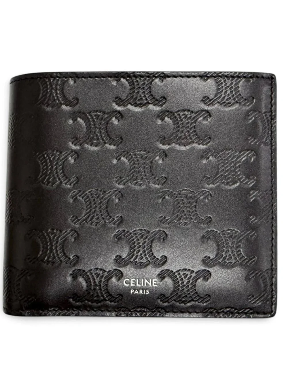 Celine Calfskin Triomphe Embossed Compact Wallet Bifold Black